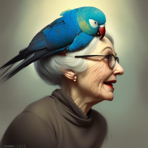 Old Woman with Parakeet Portrait in Hyperdetailed Style