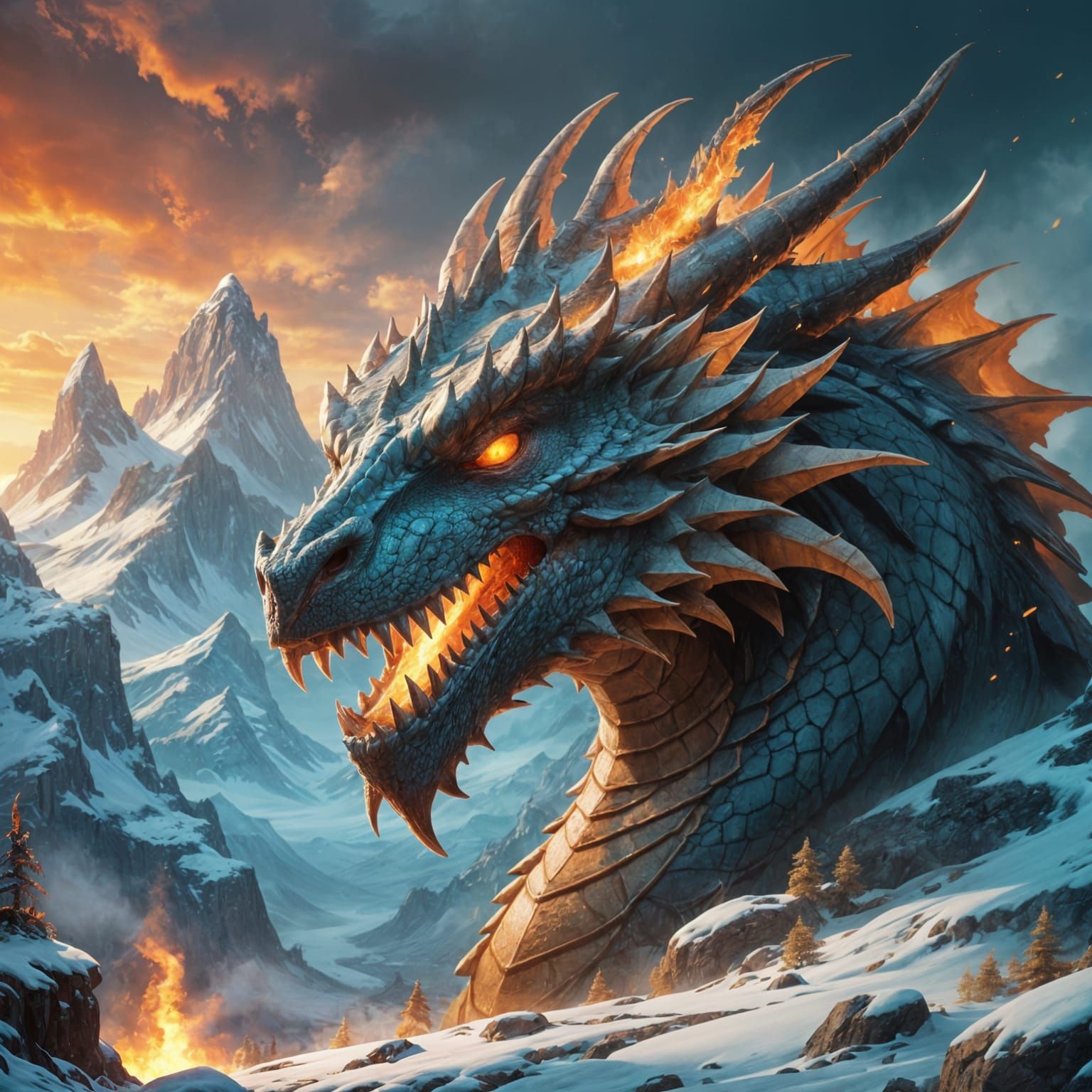 Mystical Fire and Ice Dragon in Ancient Landscape