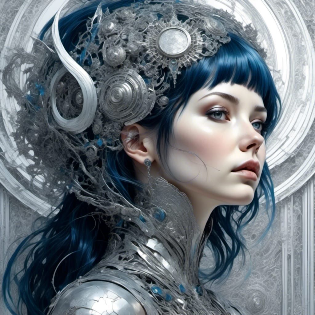 Moody Cyborg Woman Portrait with Blue Hair