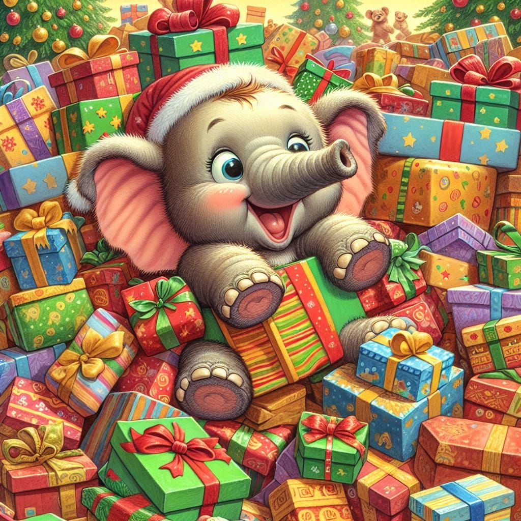 Happy Elephant Christmas Gift Pile, Children's Illustration