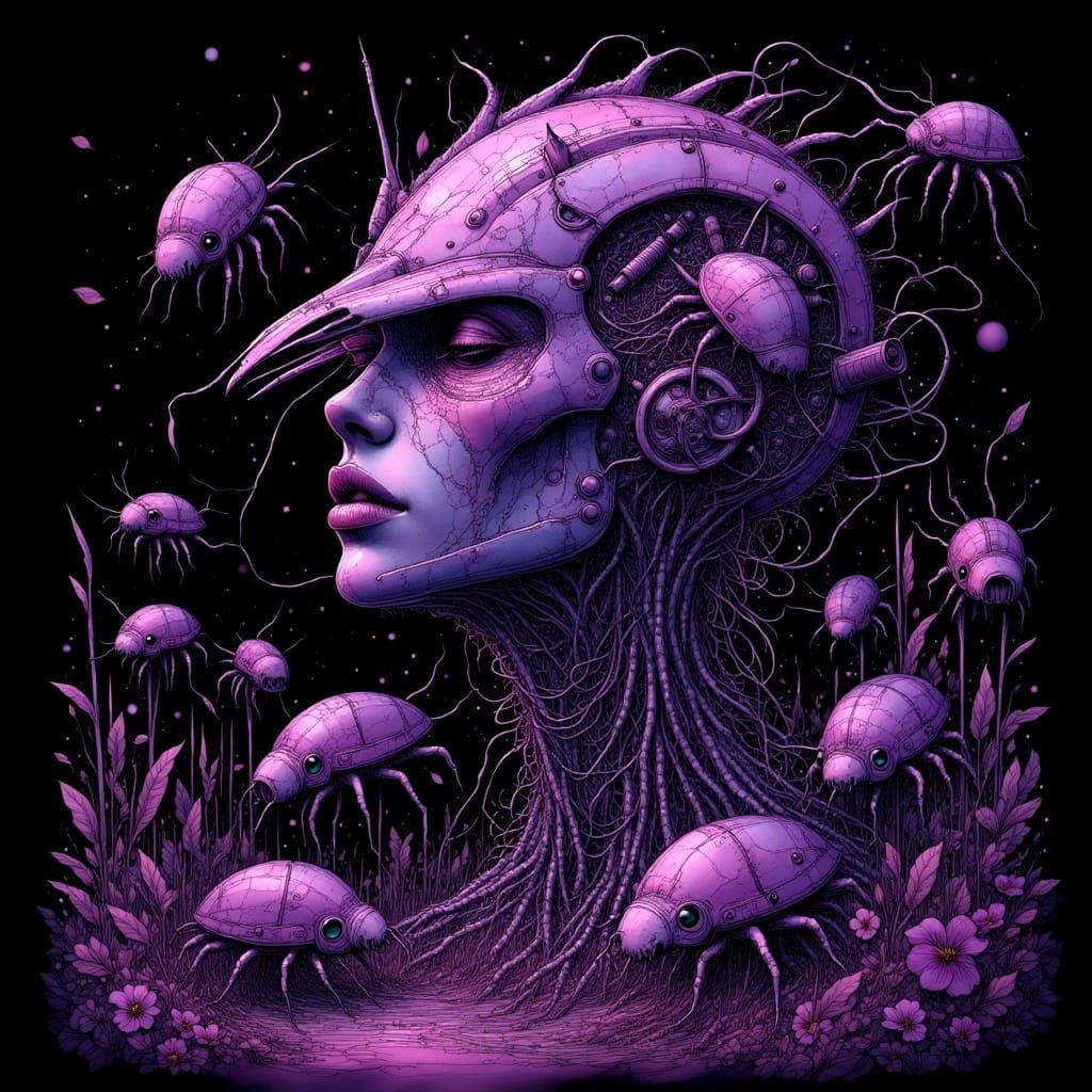 Futuristic Figure With Robotic Headpiece Amidst Mechanical I...