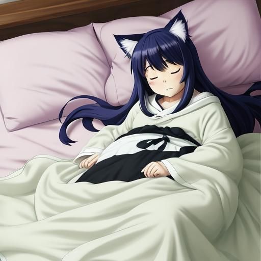 Anime Girl with Cat Features Sleeping