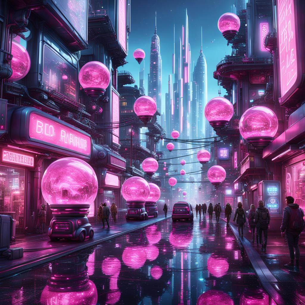Futuristic City with Robot Caretakers in Neon Light