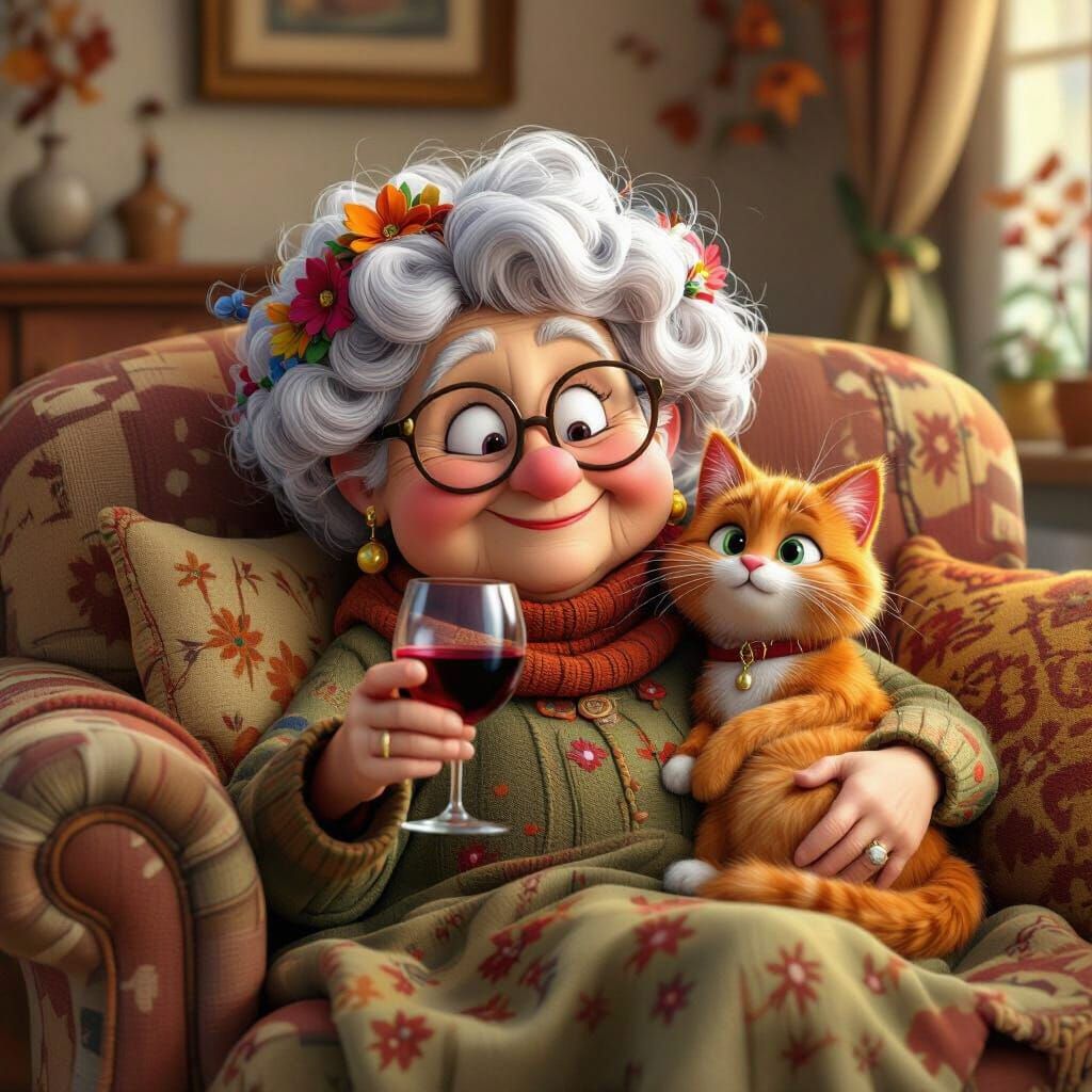 Quirky Grandma with Colorful Hair Enjoys Wine with Cat