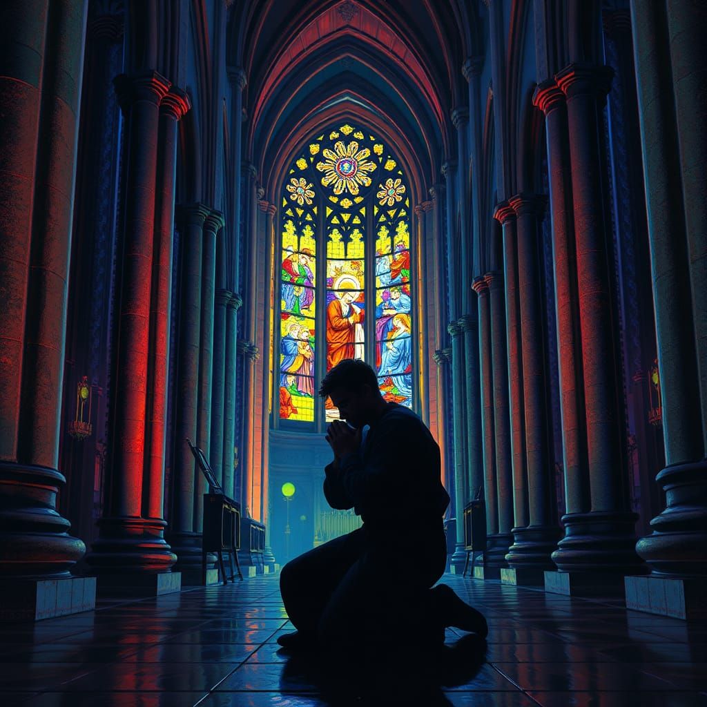 Penitent Man in Cathedral: Pre-Raphaelite Illumination