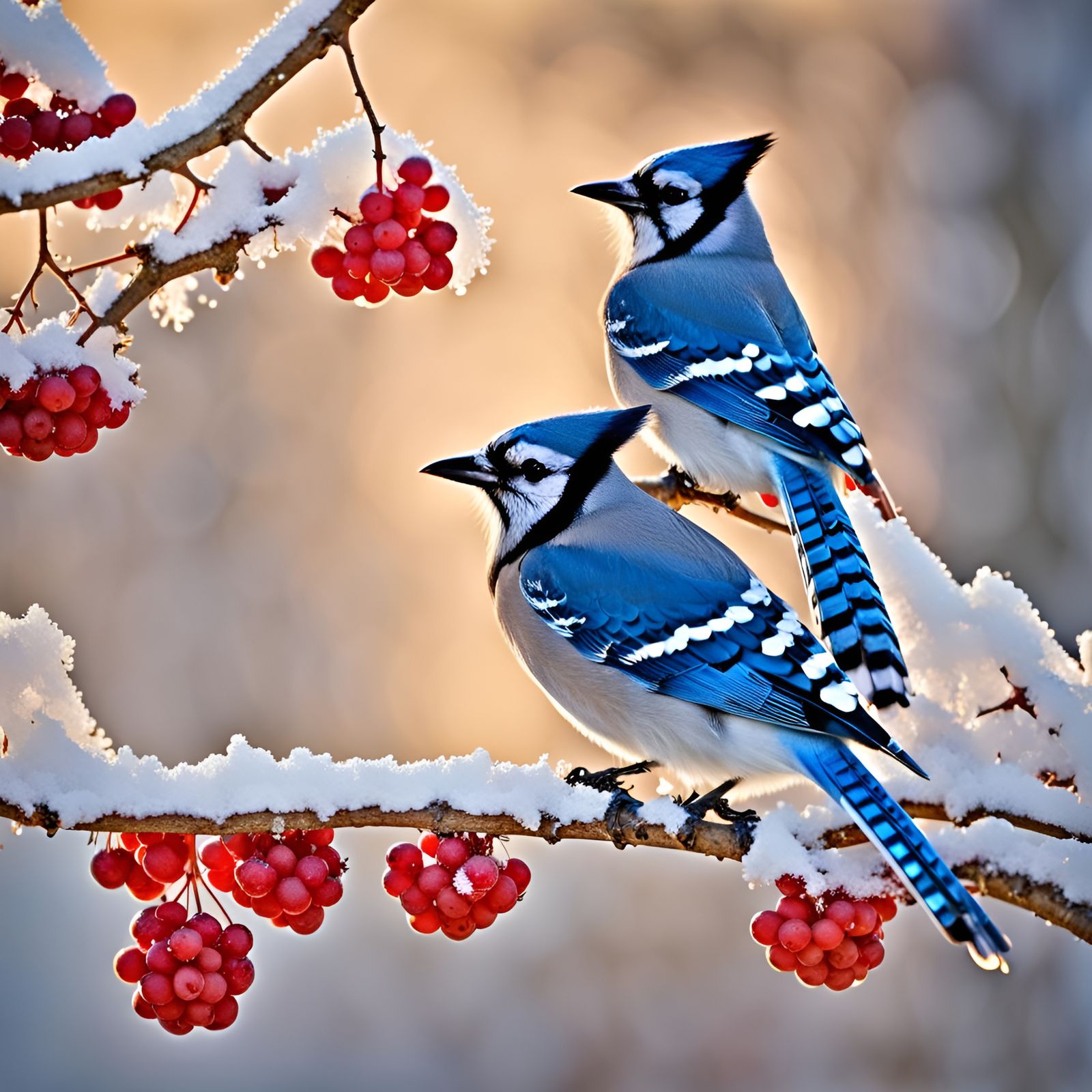 Blue Jays Enjoying Winter Berries in Golden Light