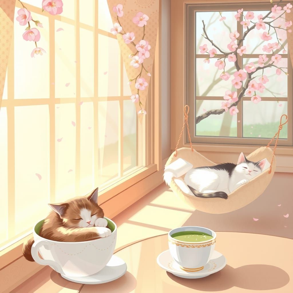 Whimsical Cat Café in Soft Pastel Hues