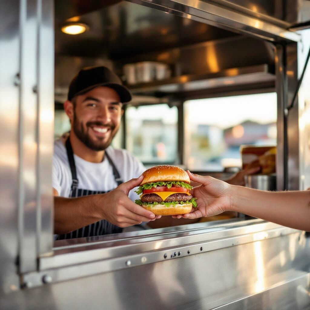 Food Truck Cook Serves Gourmet Burger in Golden Hour Light