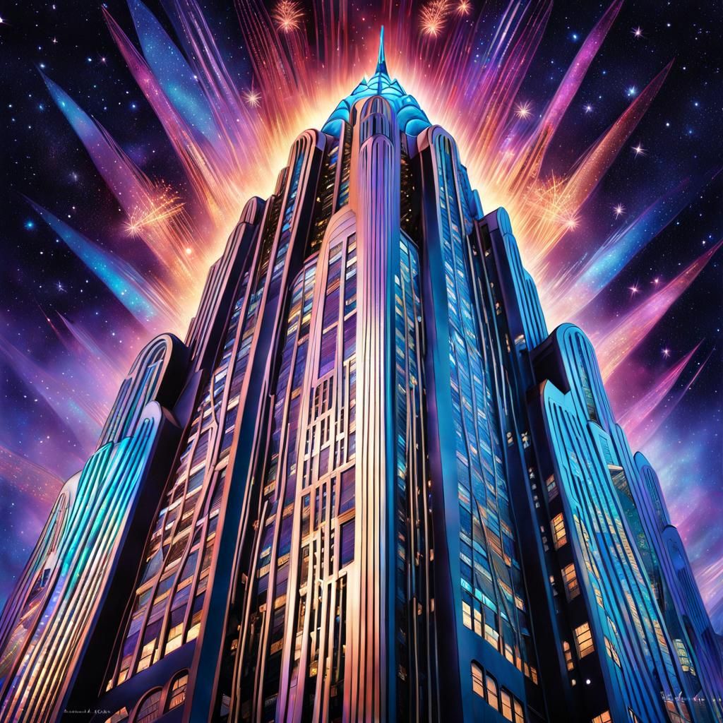 Iridescent Art Deco Chrysler Building in Ethereal Landscape