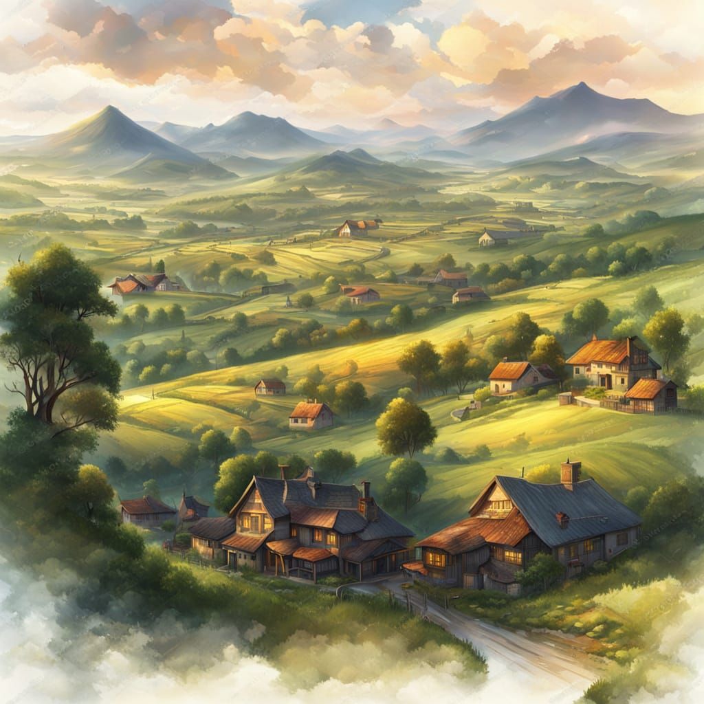 Picturesque Village Landscape in Oil Painting Style