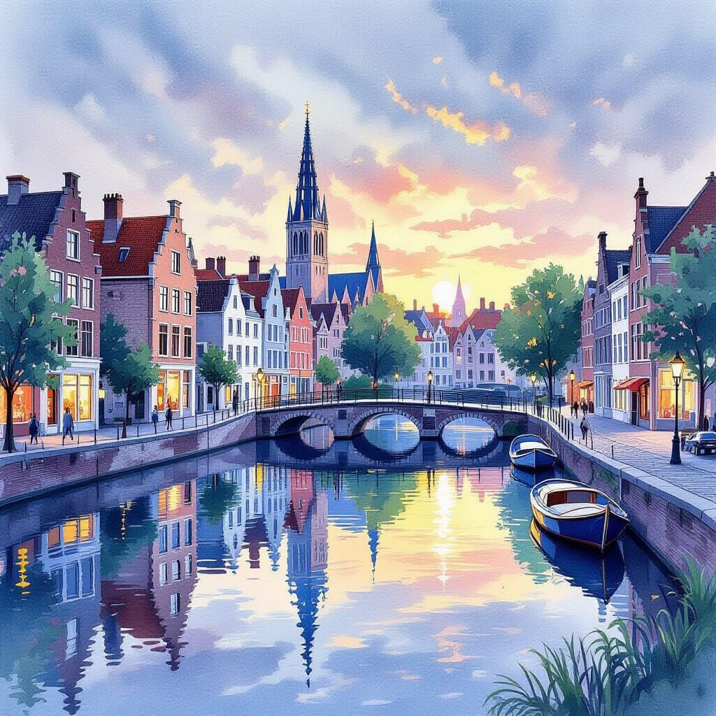 Bruges Cityscape with Romantic Lake and Blooming Nature