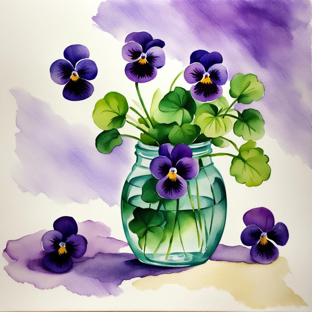Watercolor Painting of Sweet Violet in Vase