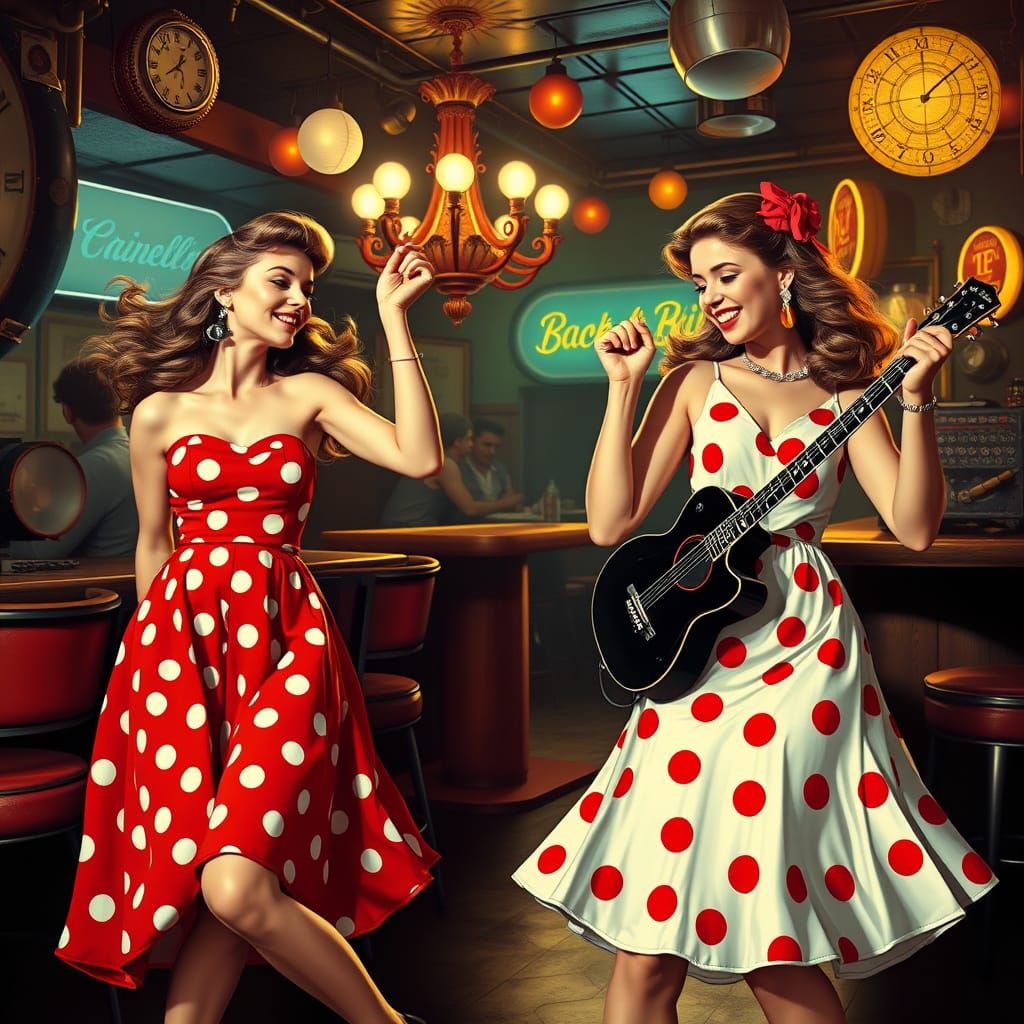 Women Dancing to Rock-a-Billy Music in Lowbrow Style