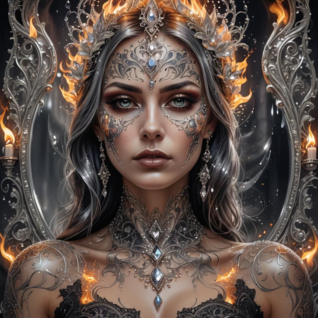 gothic style tattoo on a face of female  watched in mirror r...