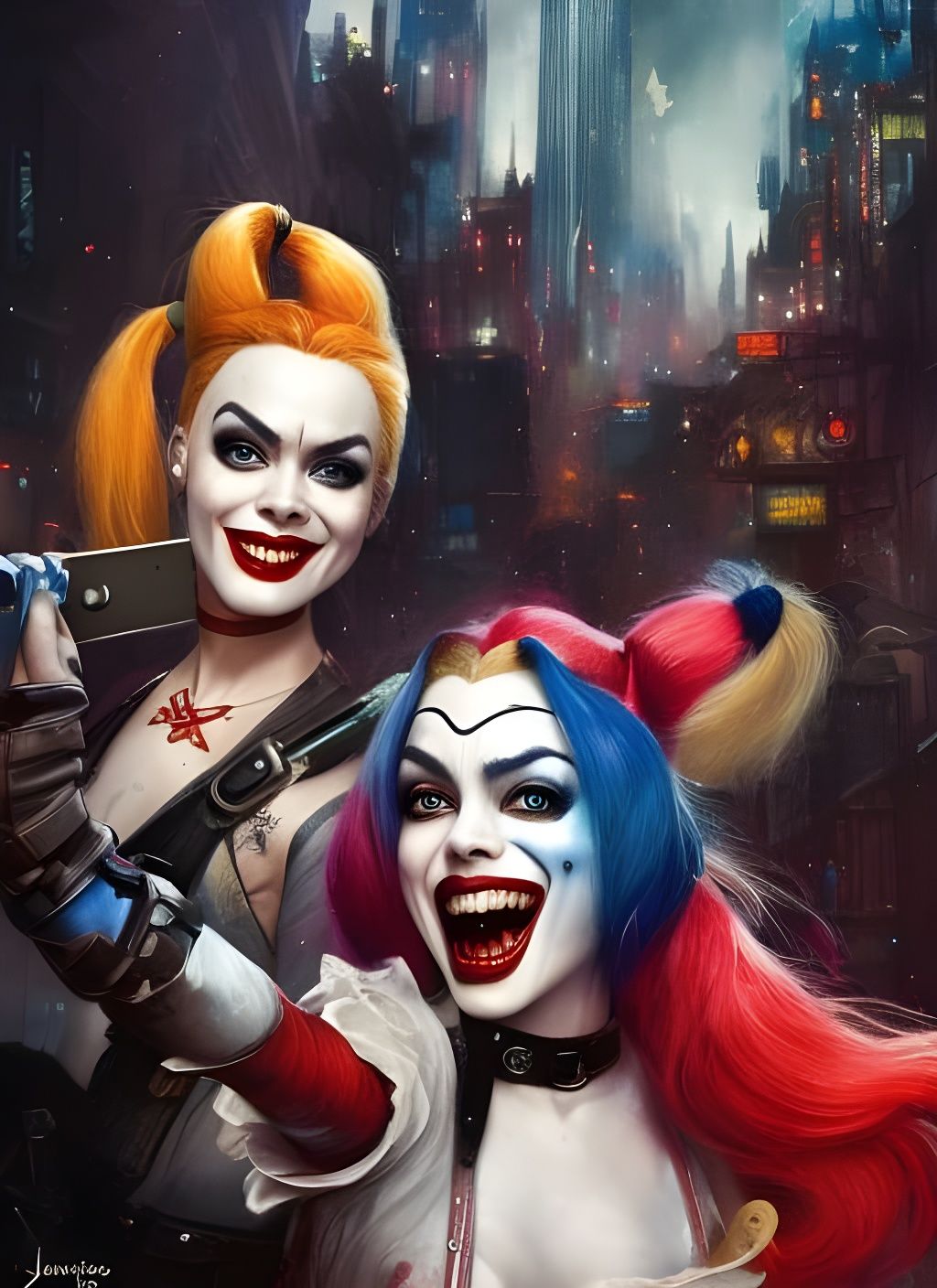 Harley Quinn Selfie in Gotham: Crayon Caricature