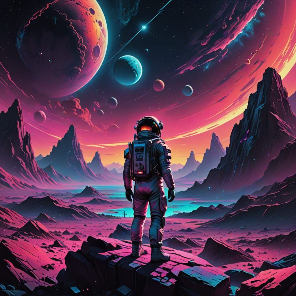 Synthwave Astronaut Gazes at Twin Moons