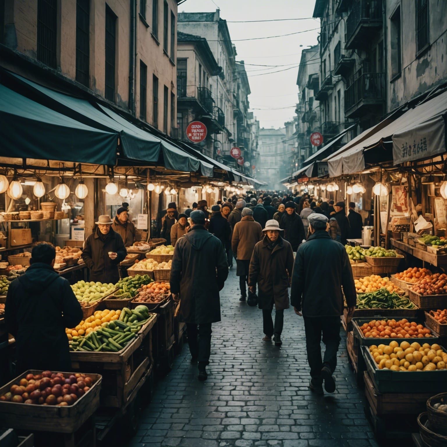 Bustling Foreign Street Market: Cinematic Film Still