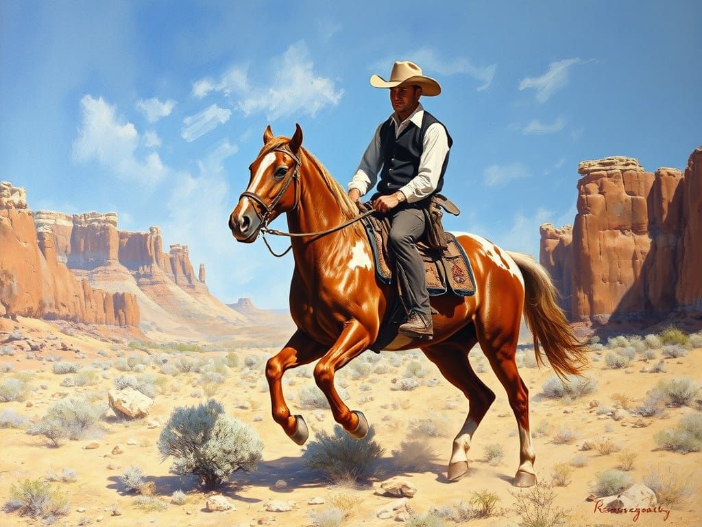 Cowboy's Desert Ride: An Impressionistic Oil Painting