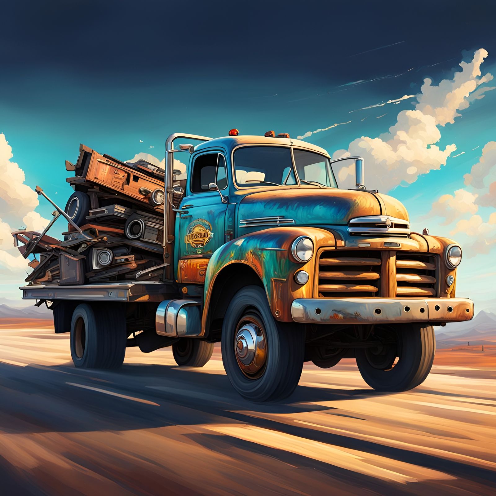 Tow Truck with Junk Car in Hyperrealistic Style