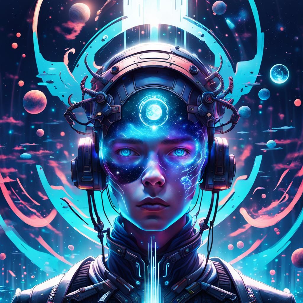Cyberpunk Youth Amidst Bioluminescent Cosmic Eclipse