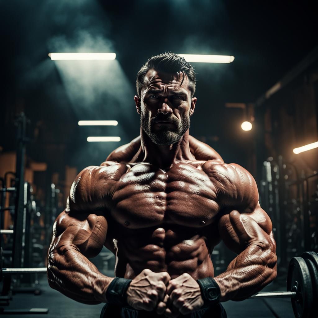 Muscular Bodybuilder Flexing in Smoky Gym: Film Noir