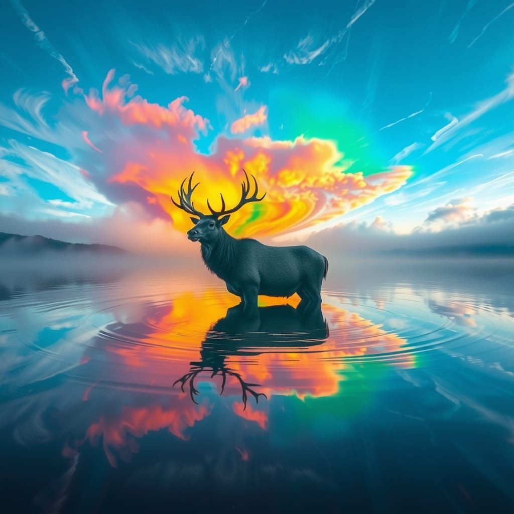 Surreal Elk Made of Colorful Fluid on Dreamscape Lake