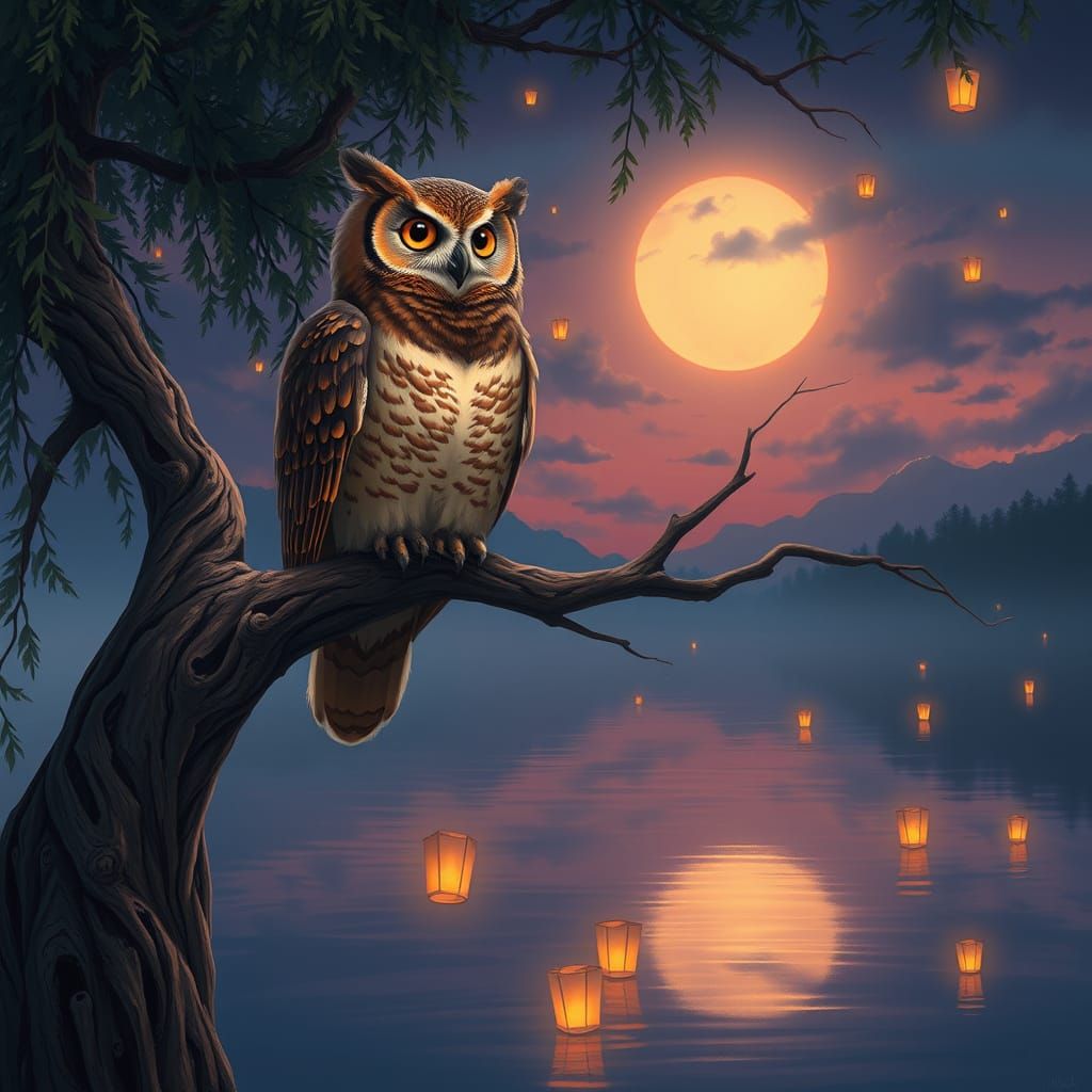 Majestic Copper Owl in Ghibli-Inspired Matte Painting