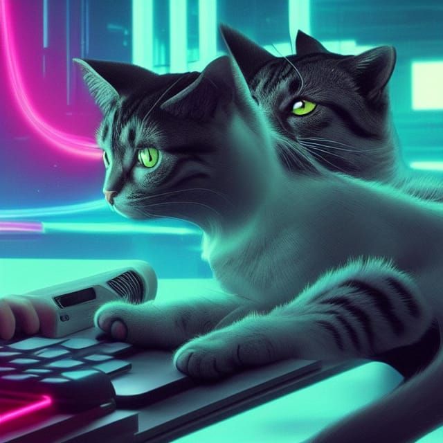 Cyberpunk Cat Tweeting in Neon Cityscape