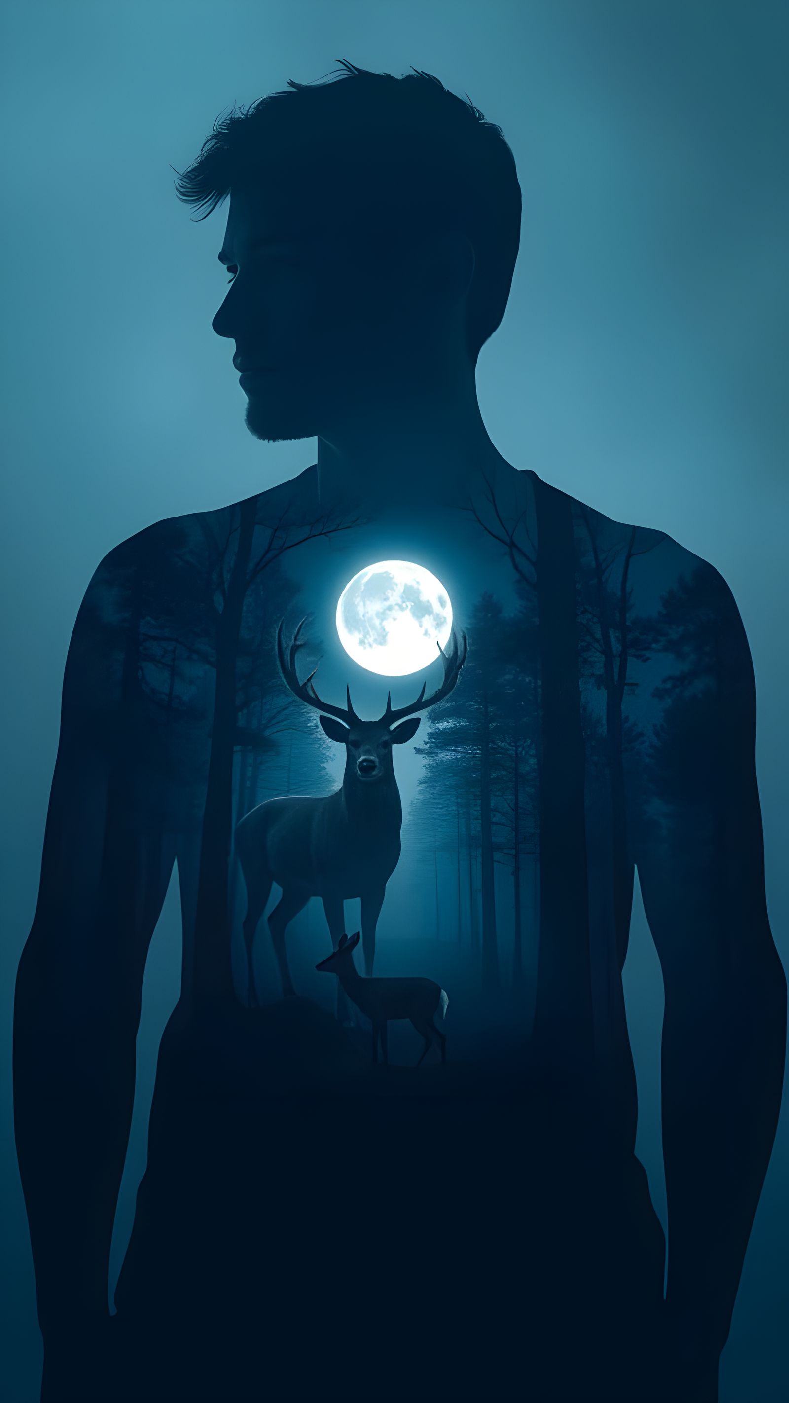 Ethereal Double Exposure: Deer, Forest, and Buck Moon