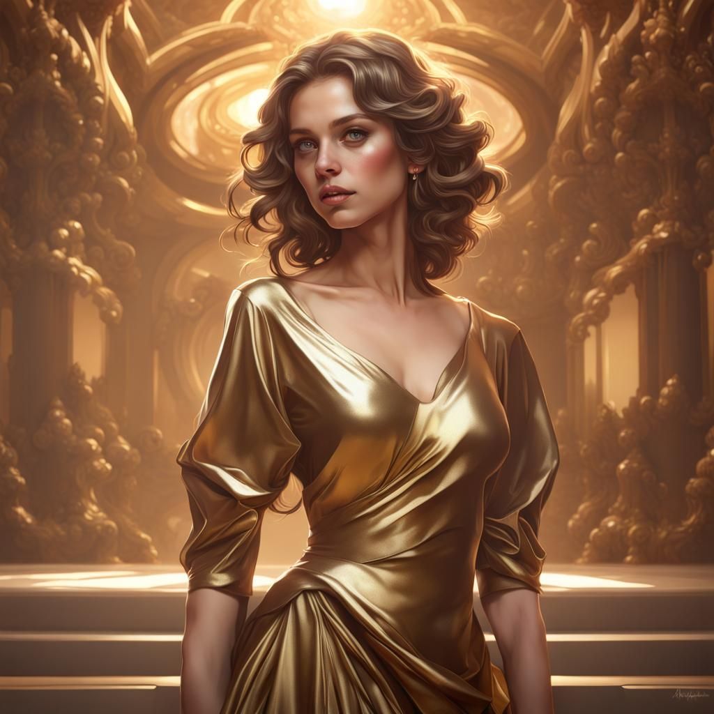 Girl in Gold Dress Holding Chocolate, Detailed Portrait