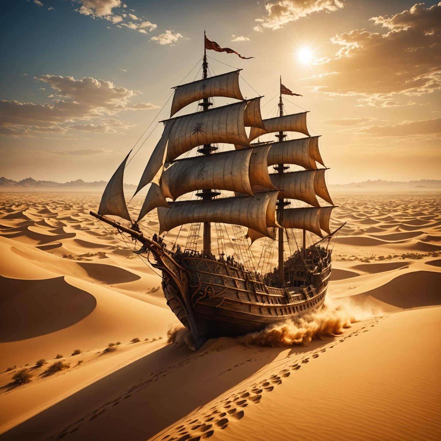 Majestic Desert Ship on Golden Dunes in Epic Fantasy Style