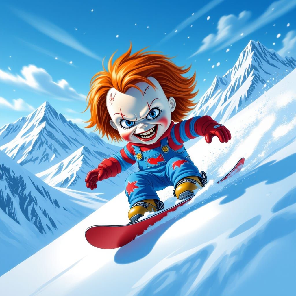 Cartoon Chucky Snowboarding Down a Mountain