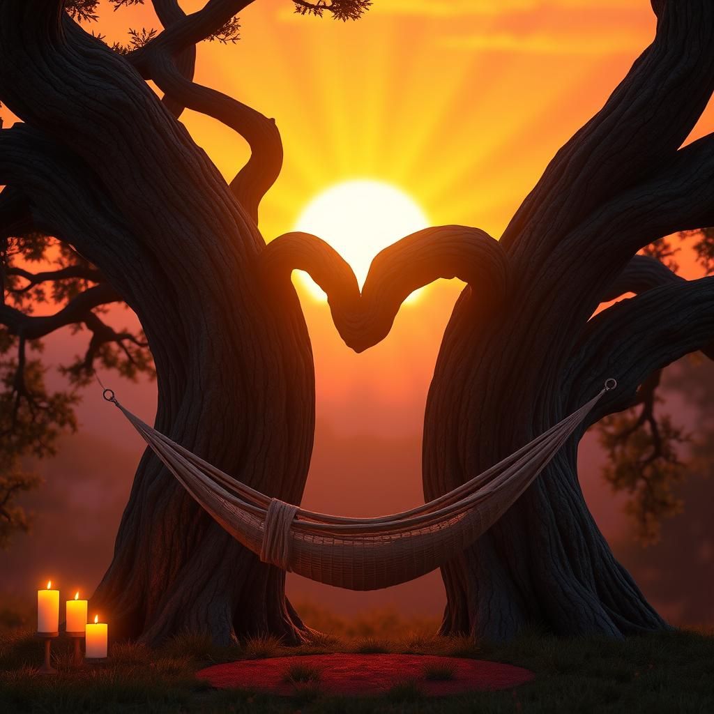 Heart-Shaped Oak Trees Cradle Hammock at Sunset