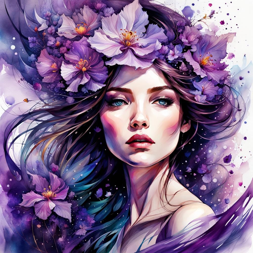 Princess Disintegrating into Purple Blossoms Watercolor