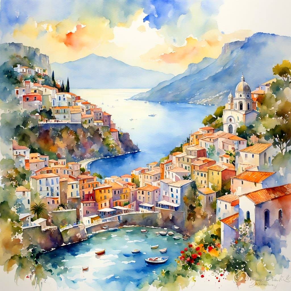 Amalfi Coast Hill Town in Watercolor Style