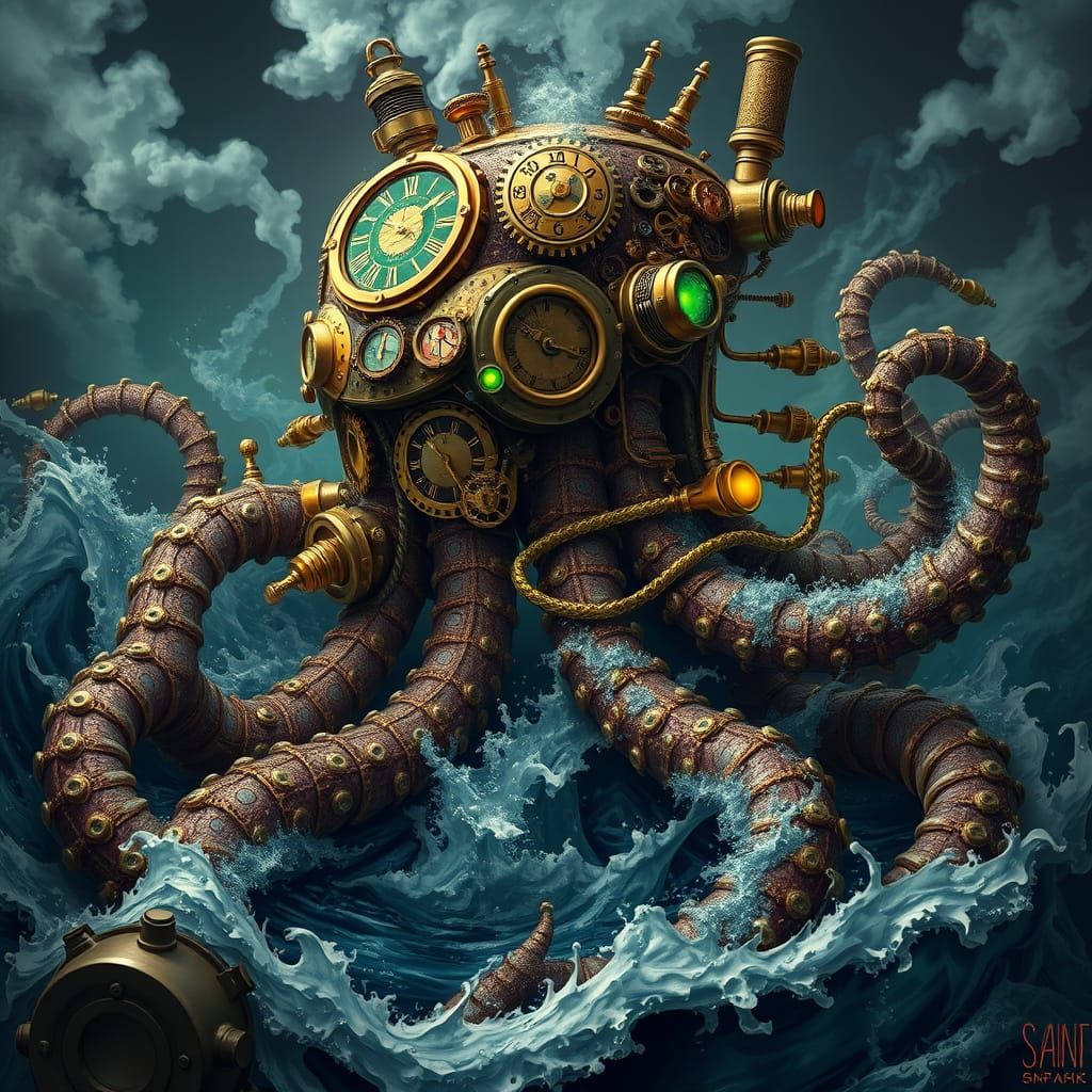 Steampunk Kraken Emerges from Mechanical Ocean