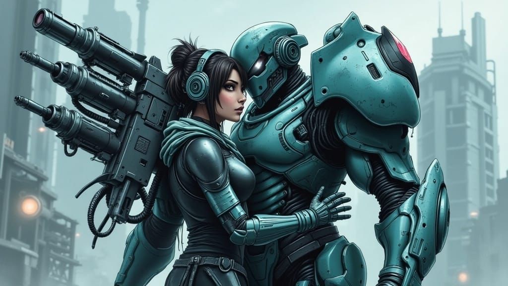 Cyborg Warriors Share Intimate Moment in Dark, Futuristic La...
