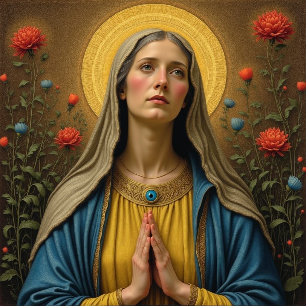 Mary Mother of Jesus with Halo and Evil Eye