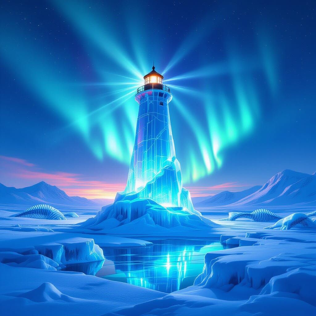 Arctic Ice Lighthouse with Aurora Borealis, Moebius Style