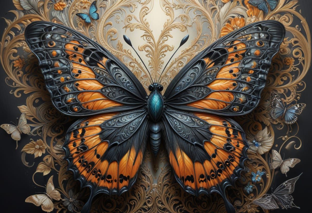 Surrealistic Charcoal Portrait of a Butterfly Goddess