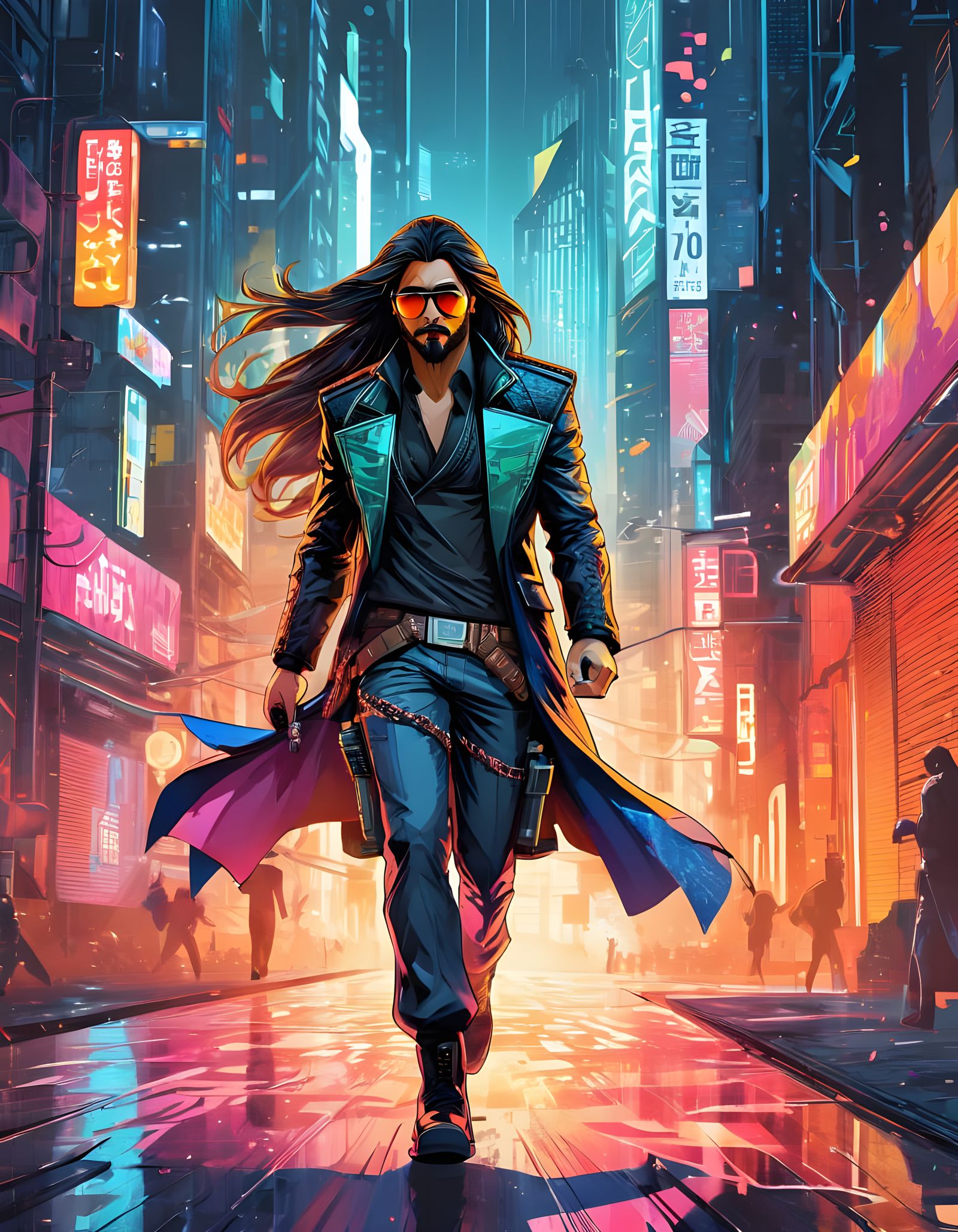 Cyberpunk Bounty Hunter Runs Through City Streets in Vibrant...