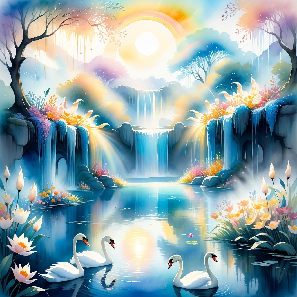 Magical Pond: A Surrealist Watercolor Painting
