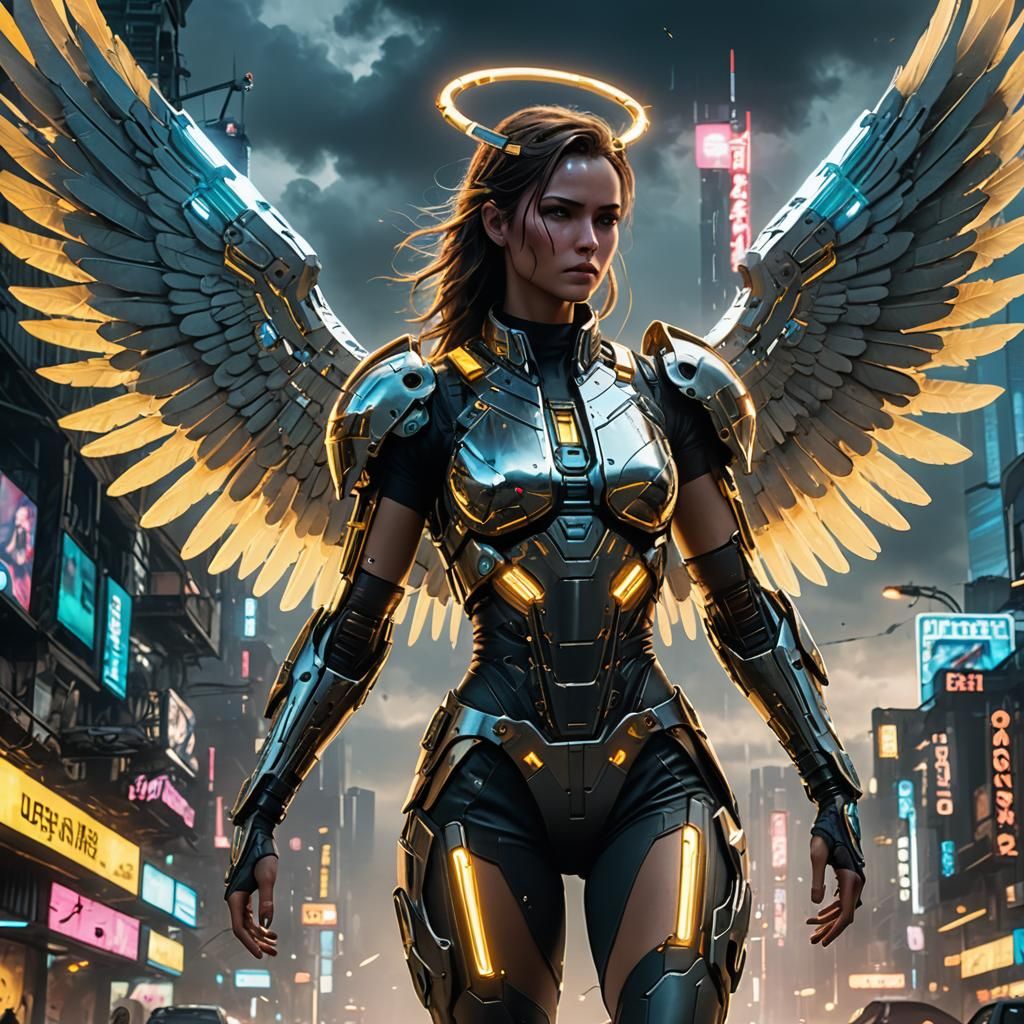 Cyberpunk Angel Descends from Dramatic Sky