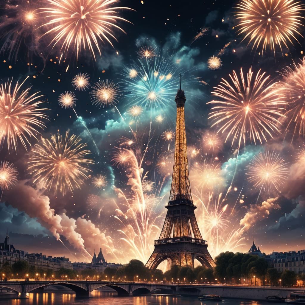 Fireworks over Paris in Maximalist Digital Art