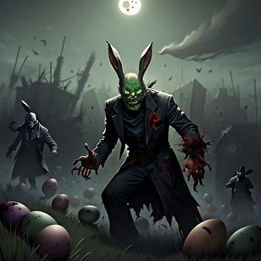 Sinister Zombie Bunnies Hunting Eggs: Dark Illustration