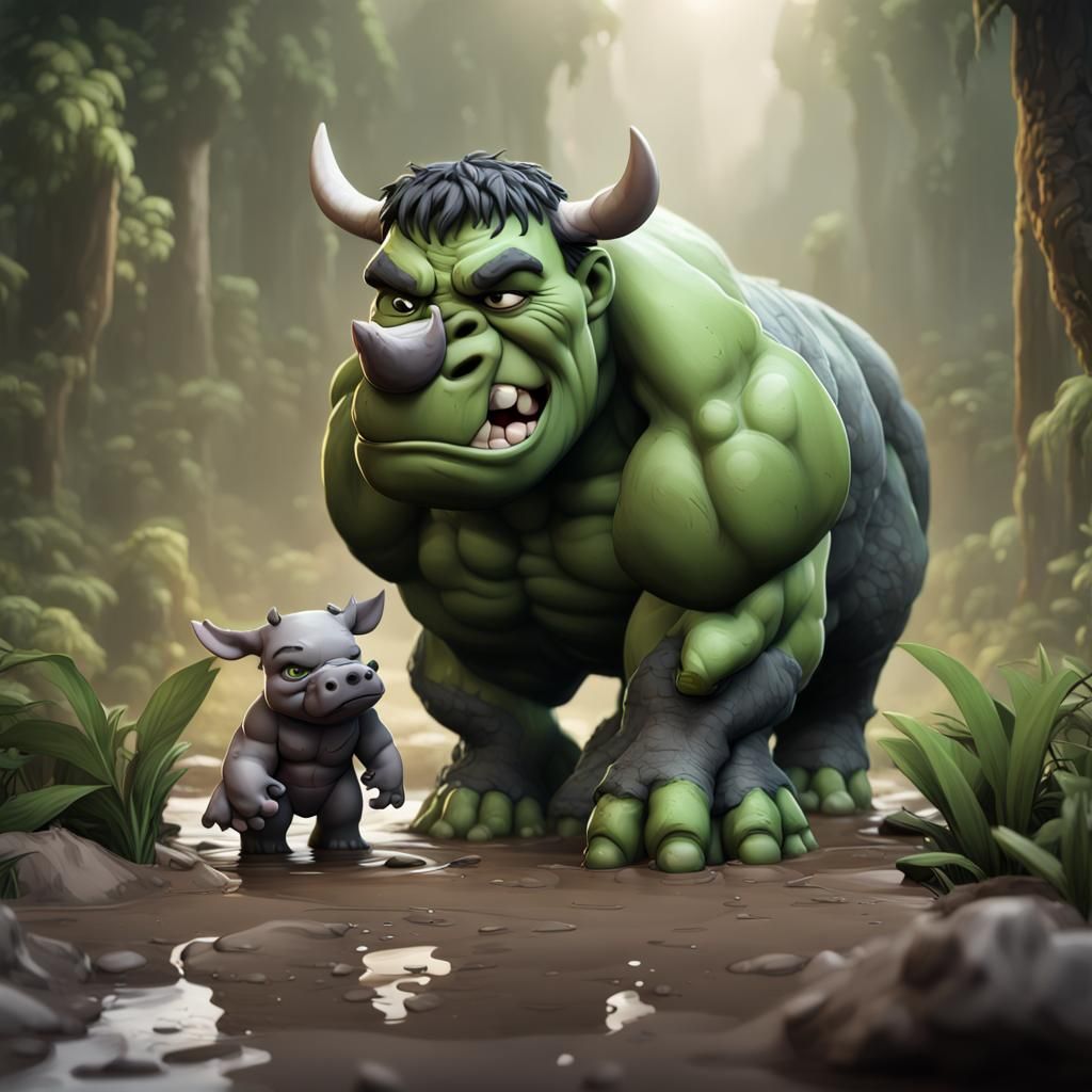 Hulk and Rhino in Jungle, 3D Chibi Style