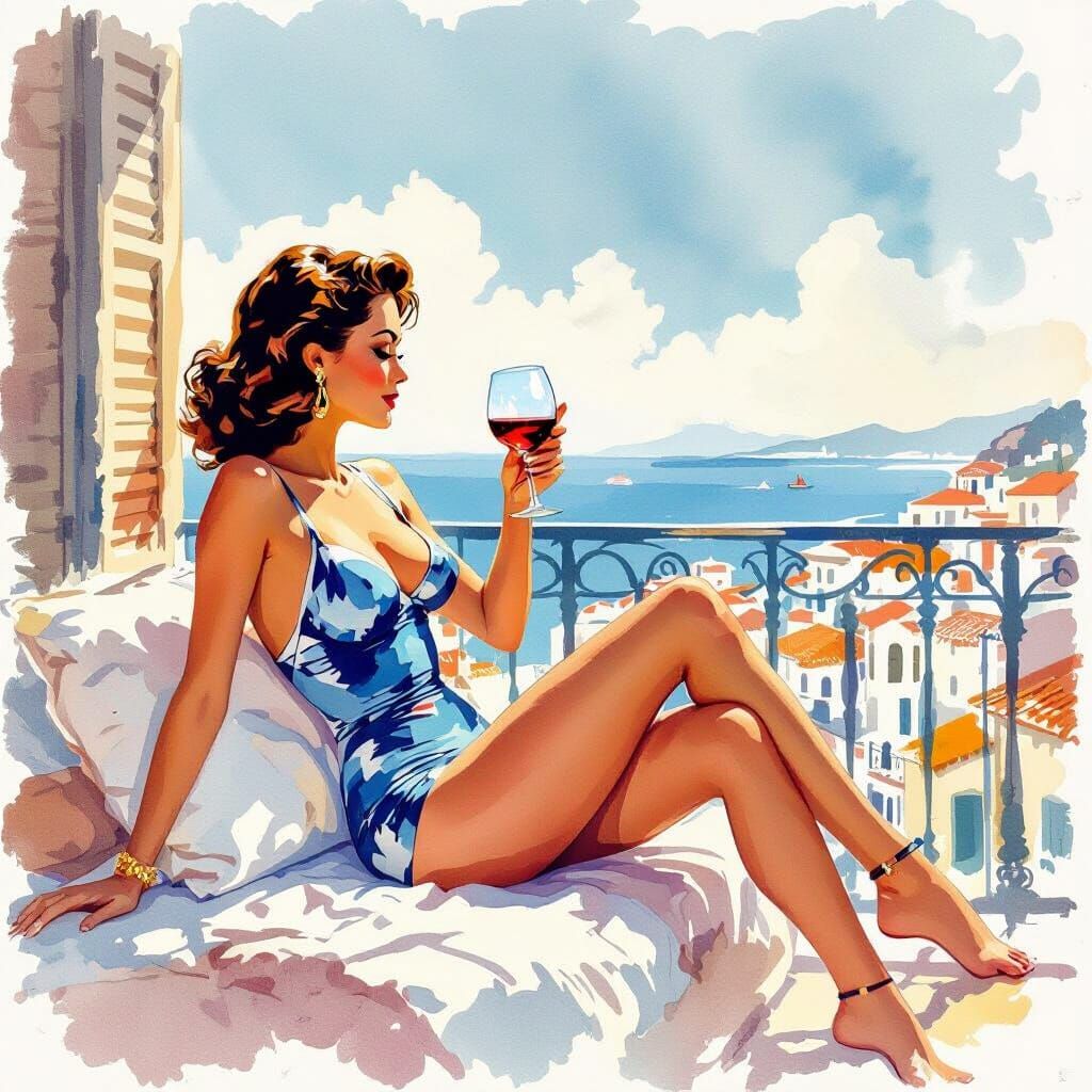Alcohol Ink Art: Woman in 50s Swimsuit on Balcony