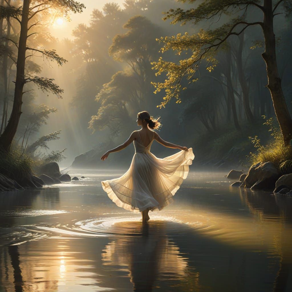 Ethereal Dancer on Misty Island at Dawn, Impressionist Style