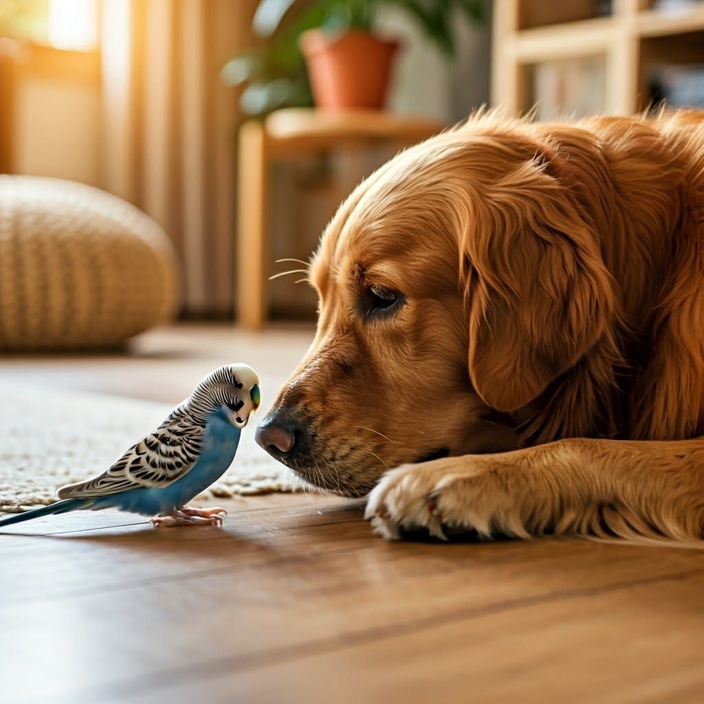 Golden Retriever and Budgerigar in Cozy Sunlight
