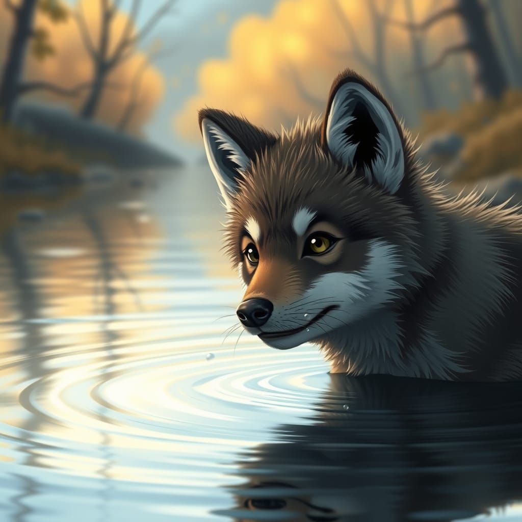 Whimsical Wolf Pup Bubbles in River, Ghibli-esque